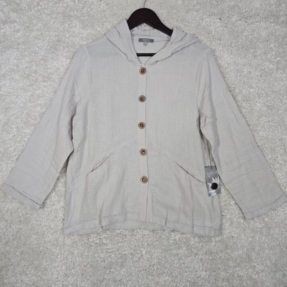 Habitat Womens Top XS Gray Button Front Long Sleeve Hooded Gauzy